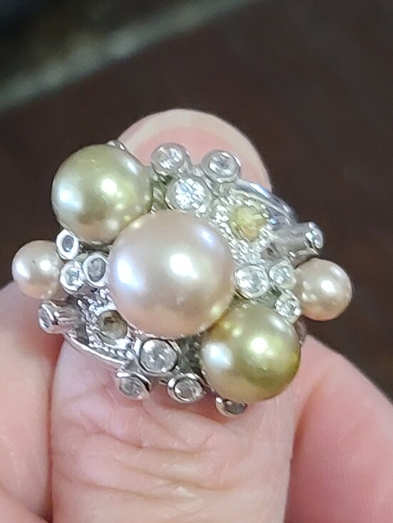 Jewelry - Pearl and Cz Cluster Statement Ring, Pink Pearl, Gold Accents  Sterling Silver 6